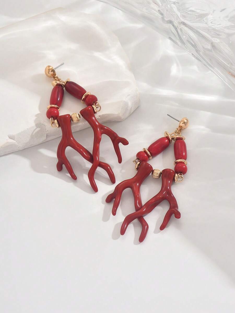 2pcs Handmade Coral Beads & Tassel Earrings, Elegant Boho Jewelry Accessories Suitable For Beach, Vacation, Daily Casual, Dating, Party, Gift, Goes Well With Summer Bikini Dress