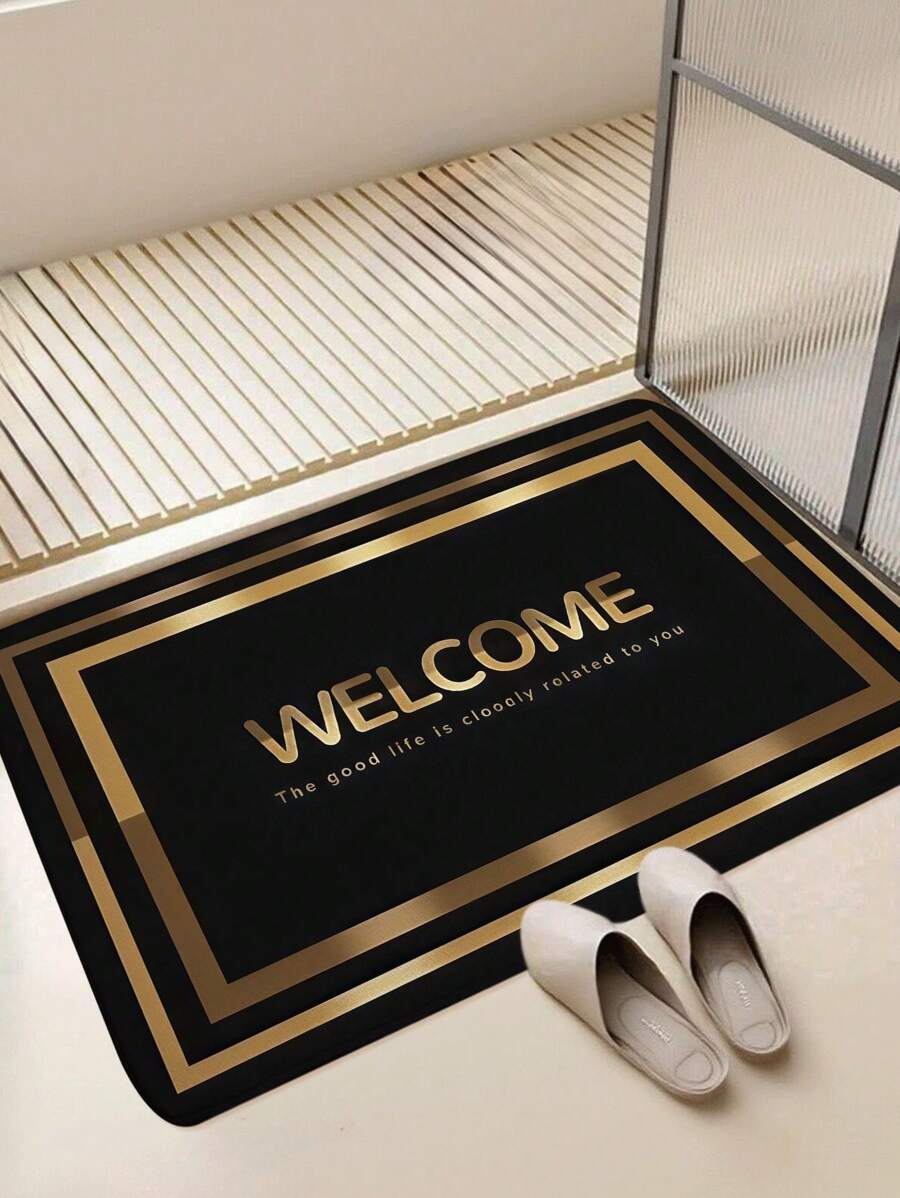 1pc Black Background, Paperclip Border, "Welcome" Pattern Bath Mat, Modern Minimalist Absorbent Non-Slip Bathroom Carpet, Flannel Bathroom Mat With Anti-Slip Backing, Suitable For Entrance, Bedroom, Kitchen, Bathroom Non-Slip Mat, Home Decor Rug