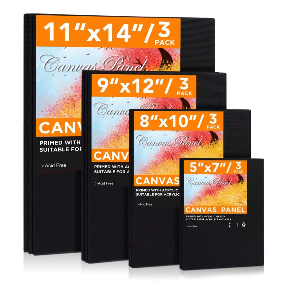 Black Canvas Board For Painting, 12 Pack Multi Size 11x14, 9x12, 8x10, 5x7(3 Of Each), Primed, Acid Free Artist Canvas Panels For Oil Acrylic & Watercolor Paint,Back To School,School Supplies