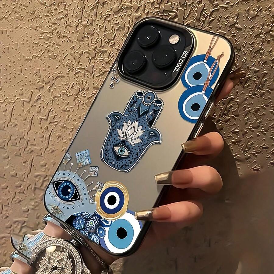 Funda de teléfono personalizada con diseño de ojo del diablo de color plata y ojo malvado en negro mate, compatible con iPhone 16 Pro Max, 15/14 Plus, 13, 12, 11 y series