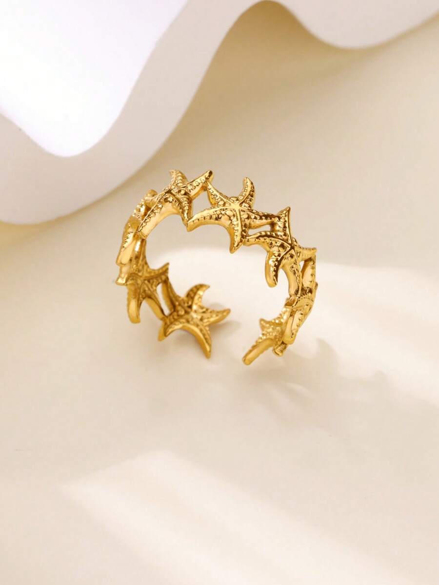 Anel vintage de estrela do mar para mulheres e homens, banhado a ouro 18k, aço inoxidável, anel com estrelas empilhadas, joia exclusiva, adequado para férias, aniversário, festa de verão, casamento