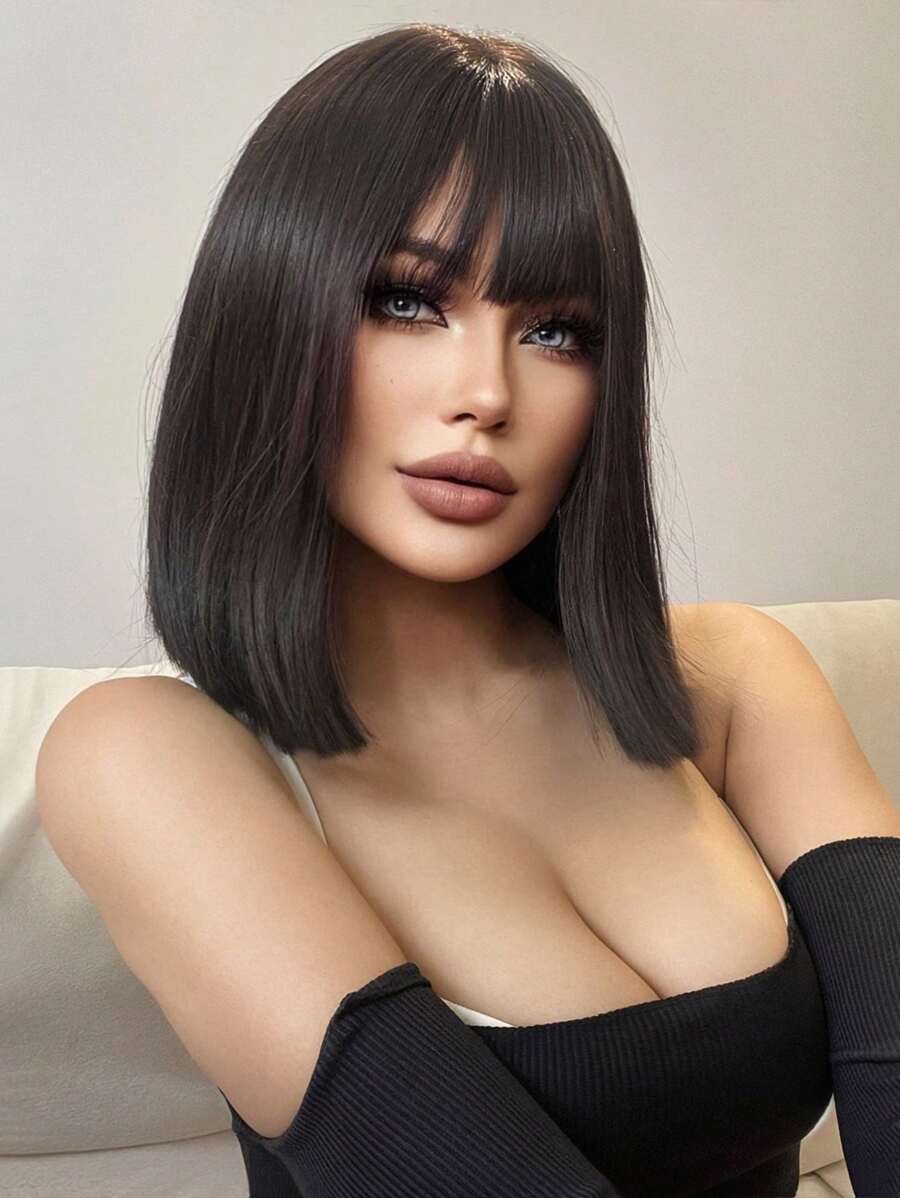 1-Piece Synthetic Heat Resistant Straight Hair Bangs Wig Black Oak 14 Inches Full Machine Weave Daily Natural Realistic Wig