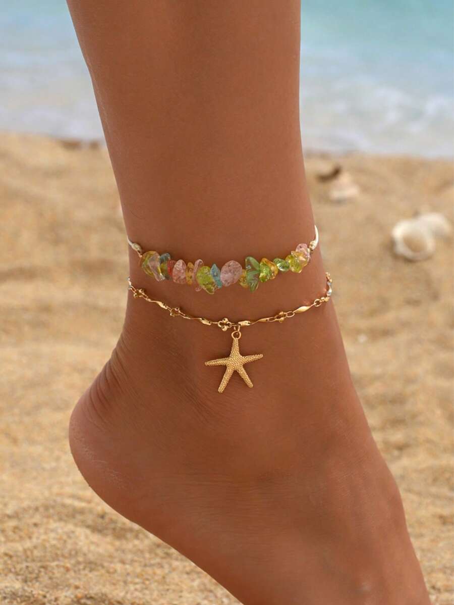 2pcs Set Summer Beach Holiday Style Turquoise Adjustable Anklet With Metallic Starfish Pendant, Fashion Beaded Jewelry For Women Daily Wear And Travel, Colorful Turquoise Shapes/Sizes Are Random