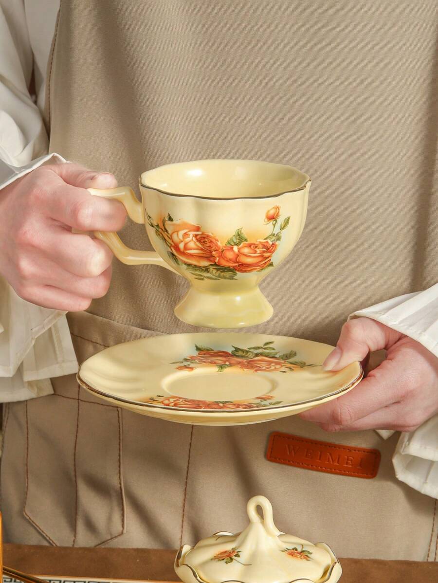 1pc Korean Style Ceramic Cream-Colored Coffee Cup And Saucer Set, Rose Flower Design, Suitable For Home, Club, Cafe, And Office Use Back To School