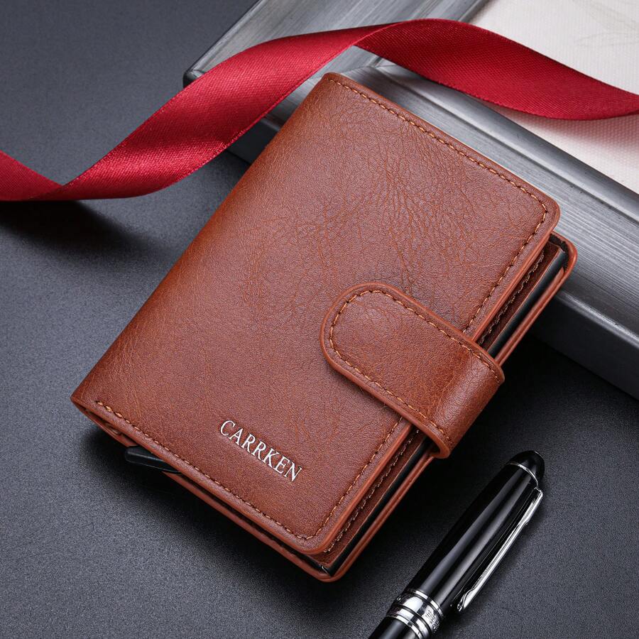 1 pieza Billetera de botón a presión llana para hombre, Portador de tarjetas de aluminio multifuncional con expulsión automática, gran capacidad de tarjetas