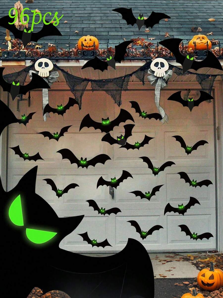 24/48/96 Stück Fledermäuse die im Dunkeln leuchten 3D Fledermaus Ausschnitte, Halloween Dekorationen mit leuchtenden Augen aus Papier, schwarze Plastikaufkleber Fledermäuse für Innen- und Außenbereich gruselig und beängstigend, PVC Fledermäuse für Innen- und Außenbereich Halloween, Halloween Dekorationen, Halloween Außendekorationen, Halloween Party Zubehör
