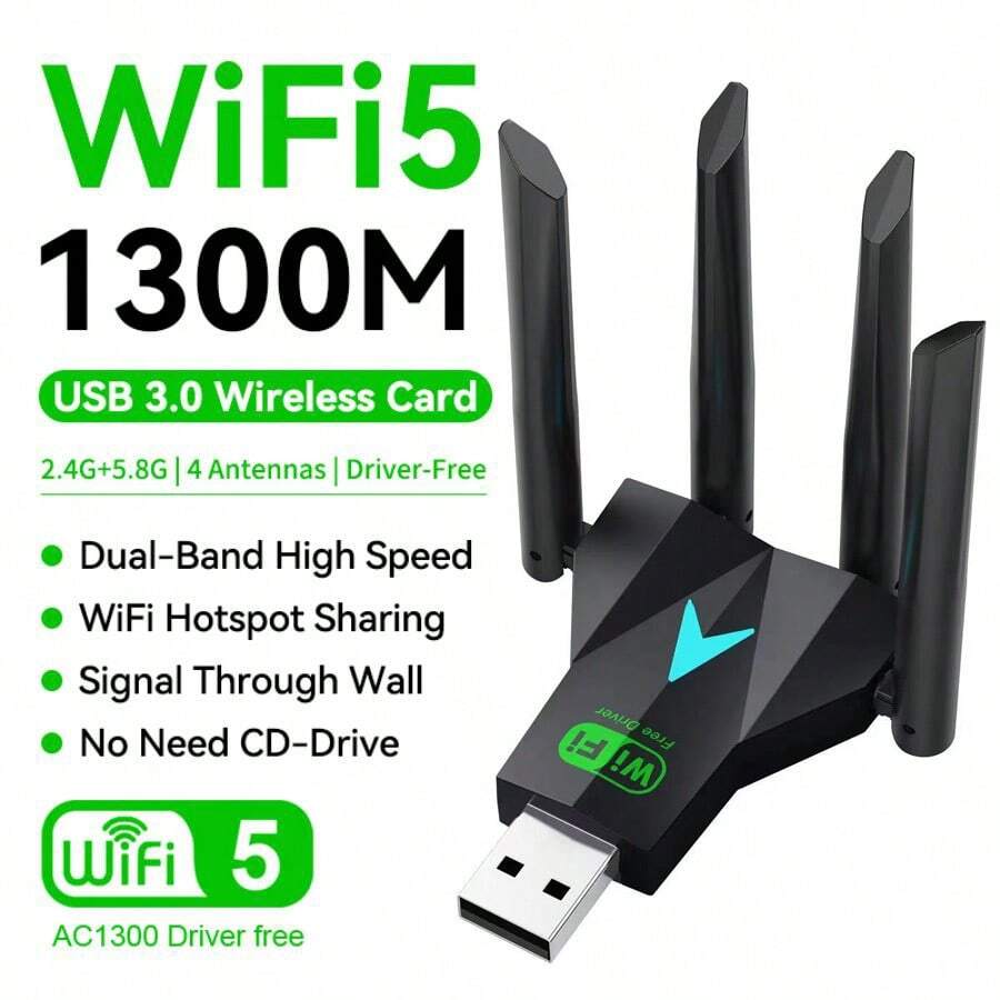 KZ Dual-Band 2.4G 5.8Ghz USB 3.0 High-Speed WIFI USB Network Card Adapter Wireless USB 1300Mbps WiFi Adapter With 4 Antennas ,Wireless WiFi Receiver Suitable For Desktop Laptop Wireless Network Card No Driver Required Strong Signal Multi-Point Connection Support Windows XP/Windows7/8/8.1/10/11