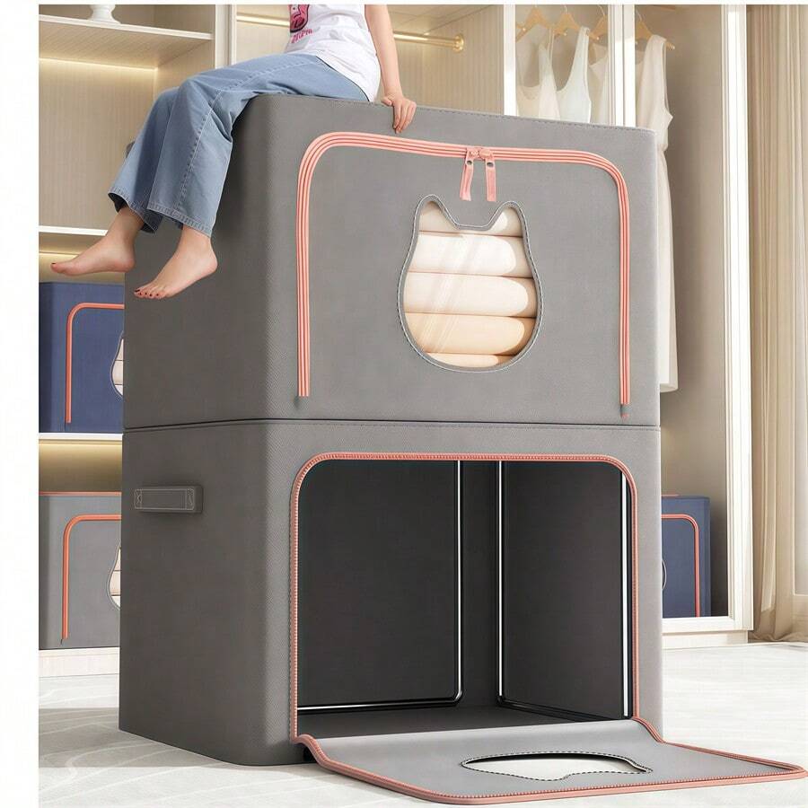 1 pièce de grande capacité Bacs de rangement pliables avec fenêtre transparente, boîtes de rangement rectangulaires, cadre en acier galvanisé pliable et imperméable. Organisateurs polyvalents pour armoire avec fermeture à rabat. Rangement sous le lit. Boîtes de rangement en tissu de qualité supérieure pour vêtements et livres. Solutions idéales pour le déménagement et l'emballage. Chambre à coucher, organisateur, rangement à la maison. T-shirt blanc femme, pantalon noir femme, vêtements d'hiver pour dames, robe