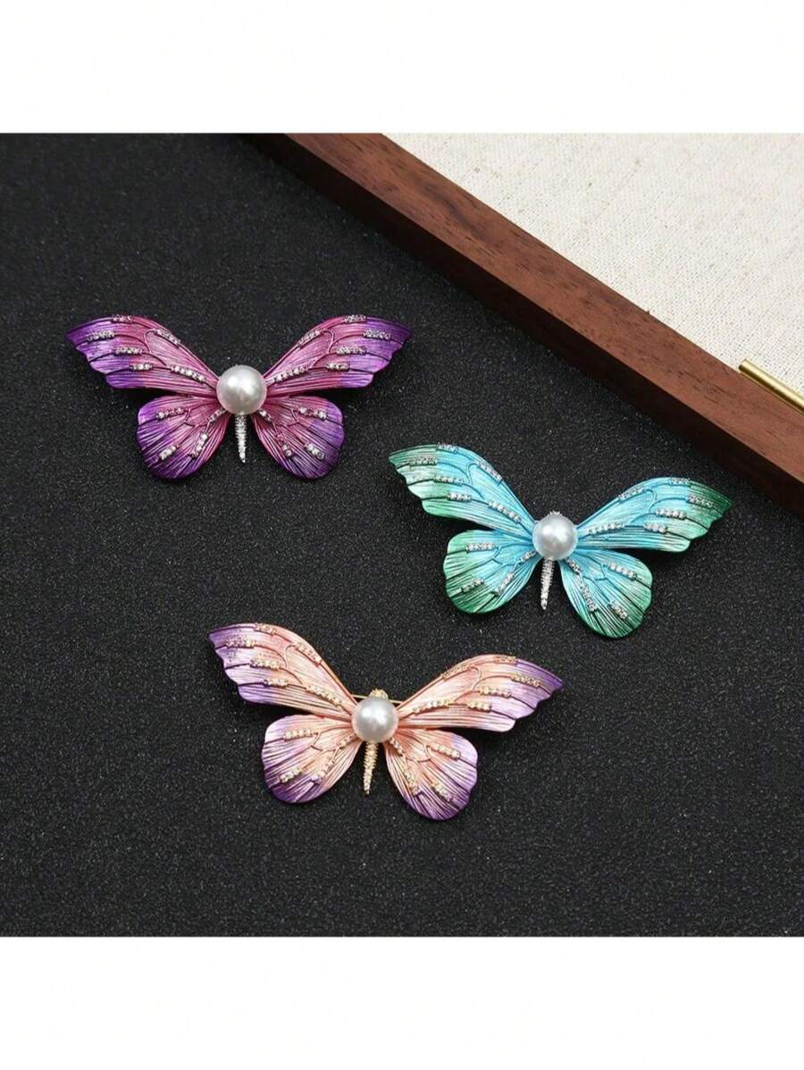 Broche de mariposa de esmalte degradado de lujo, broche elegante vintage con decoración de cristal de rinoceronte chapado en oro de aleación para mochila escolar