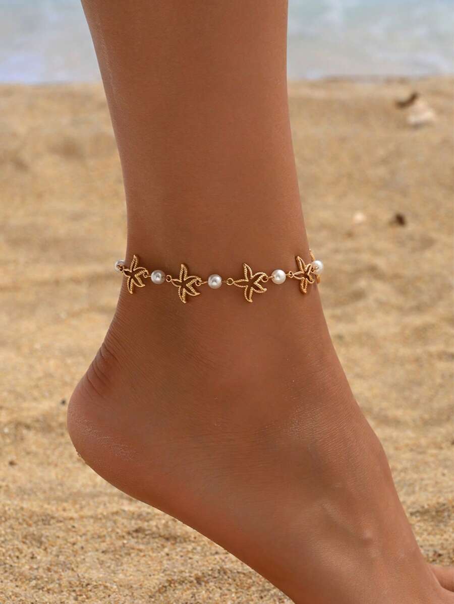 1pc Ocean Starfish Alloy Anklet With Faux Pearl, Classic Fashion Jewelry For Everyday Wear, Beach, Party, Date, Travel