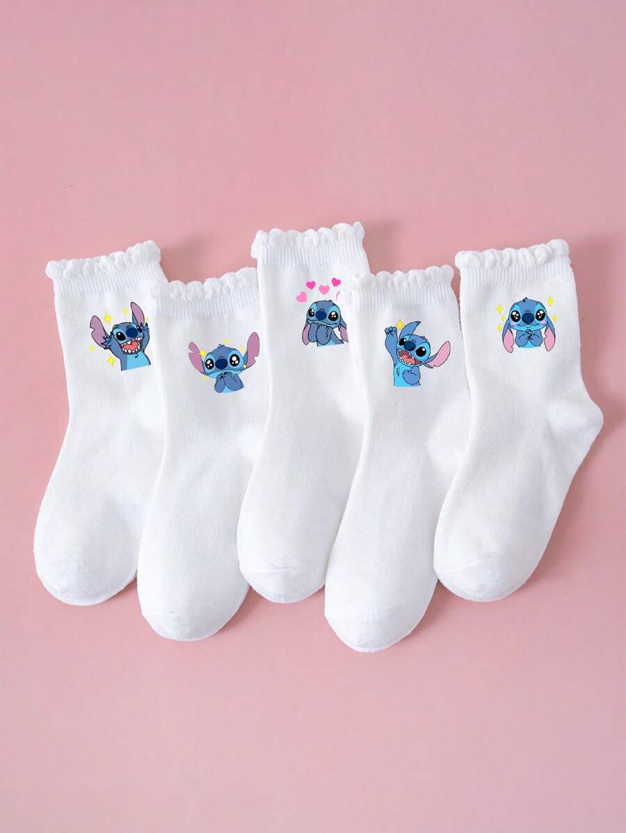 5 Pairs Of Children's/Girls' School Socks, Sports Socks, Cute Stitch Star Heart Pattern Decoration, Fashionable , Soft, Skin Friendly, Comfortable, Sweat Absorbing, Breathable, Sports And Leisure Versatile Mid Tube Socks Suitable For Students' Daily Wear Back To School/Holiday Gifts/Travel