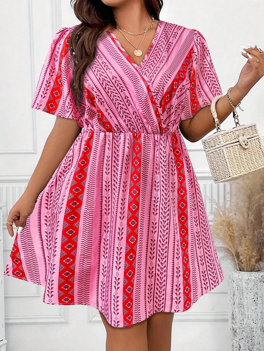 Women's Plus - Size Summer Patterned Dress, V - Neck Puff Sleeve, Ideal Vacation Outfits Women, Flowy Dress Summer For Beach & Casual, Must - Have Summer Clothes With Unique Design