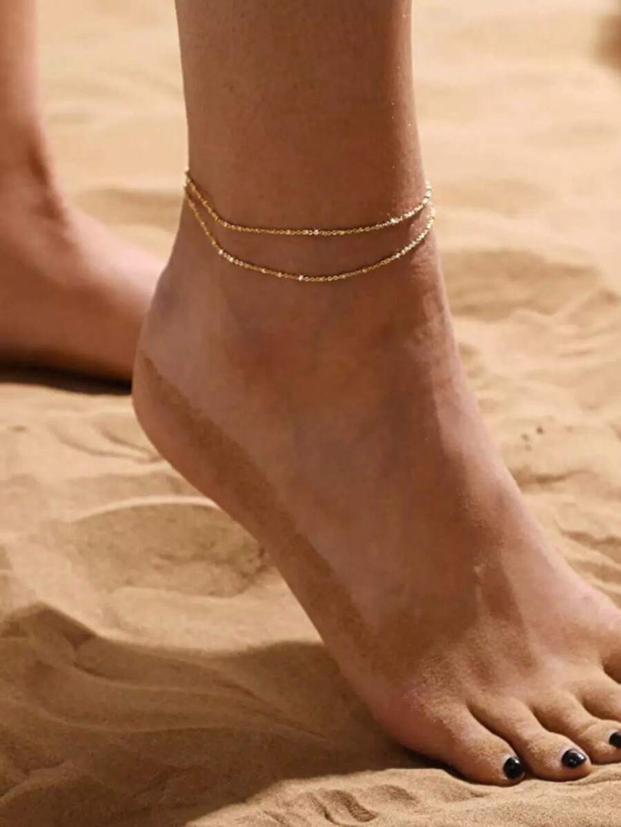 1 PC Spring And Summer Simple And High-End Feeling Small Clip Bead Double-Layer Stacked Ankle Chain, Versatile And Sexy Party Beach Vacation Daily Casual Wear Holiday Gifts