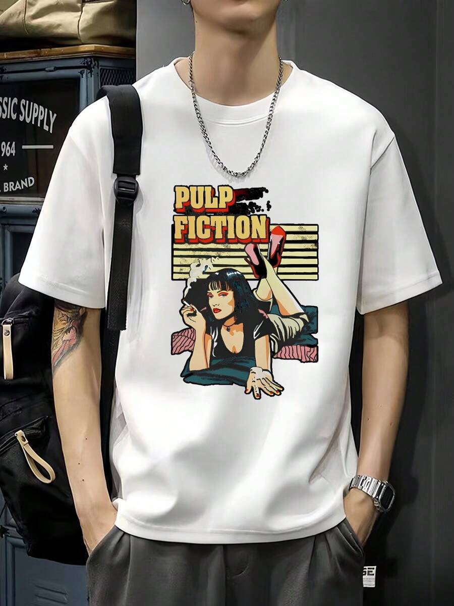 Pulp Fiction Themed Black T-Shirt, Men's 220gsm New Summer Casual Crew Neck Pure Cotton Short Sleeve T-Shirt (1 Pc)