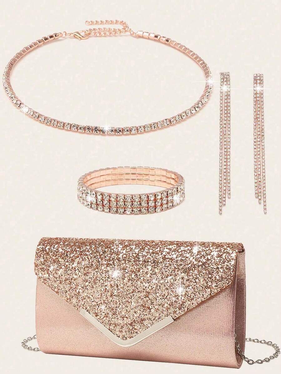 4 Pieces Women Rhinestone Jewelry Set Bling Necklace Earrings Bracelets Set For Wedding Clutch Purses Bag For Women Evening Bag Bling Glitter Elegant V-Shaped Flap Envelope Clutch Bag Wedding Party Bridal Purse