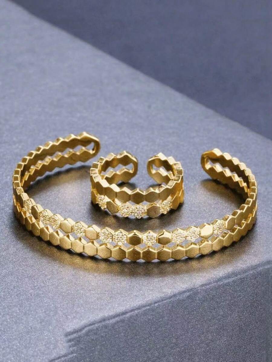 Bracelet & Ring Set, Fashion Honeycomb Women Ring & Bracelet Set, Suitable For Daily Wear And Festival Gift