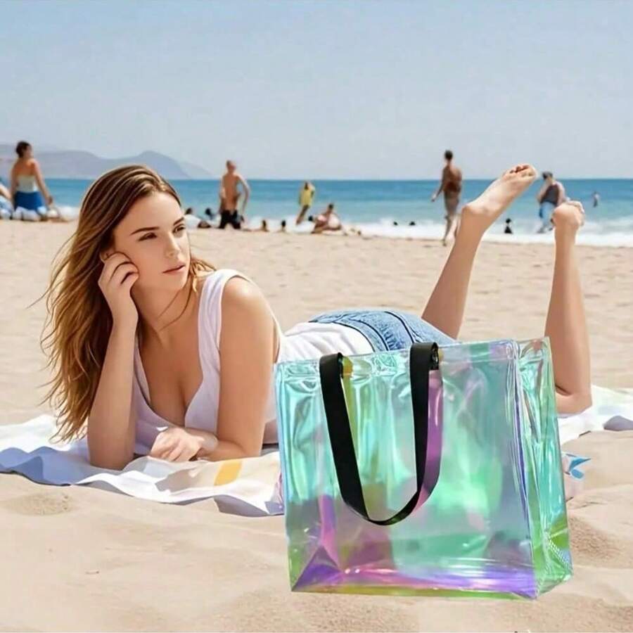 1PC/2PCS Holographic Tote Bags – Vibrant Transparent Beach & Travel Handbags | Plastic Design | Ideal For Swimming, Sports & Daily Use | Beach Accessories, Beach Essentials, Pool Float