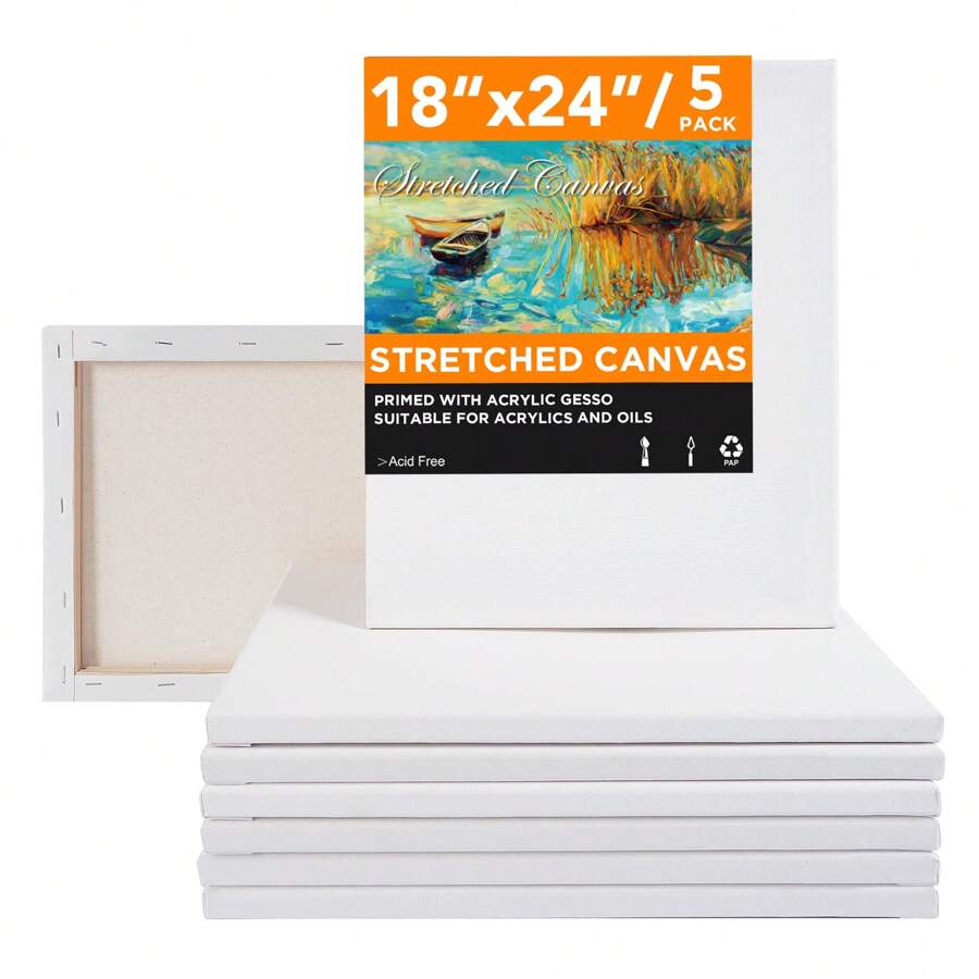 8x8 Inch Stretched Canvas For Painting, Pack Of 8, 5/8 Inch Profile Value Bulk Pack For Acrylics, Oils Painting,Back To School,School Supplies