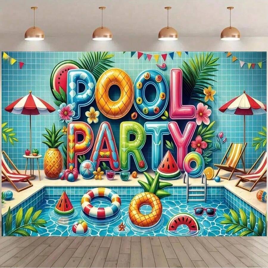 1pc Polyester Pool Party Background Banner, Pool, Swimming Ring, Beach Chair, Sunglasses Design, Theme Party Photo Background, Used In Birthday Parties, Theme Parties, Family Indoor And Outdoor Party Decoration