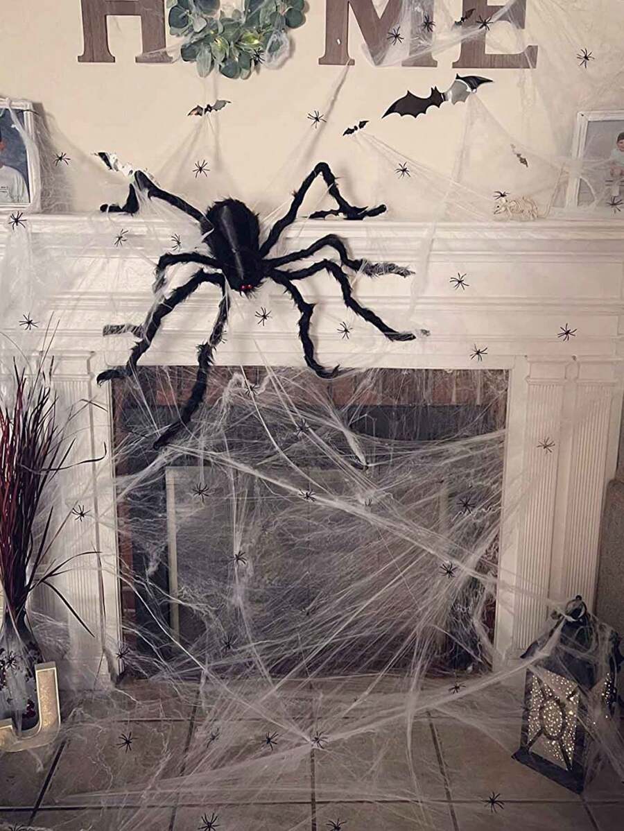 1 Set Halloween Decoration Plush Long Leg Red Lips Black Spider + Fake Spider Web Decor, Festival Atmosphere Decoration Spider Web Cotton Fake Big Spider Bar Home Outdoor Horror Scene Layout Props