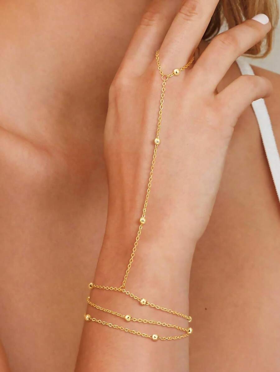1 pieza Pulsera de cadena de enlaces con cuentas redondas doradas metálicas de varios niveles, diseño europeo americano de moda, accesorio de playa de verano para mujer