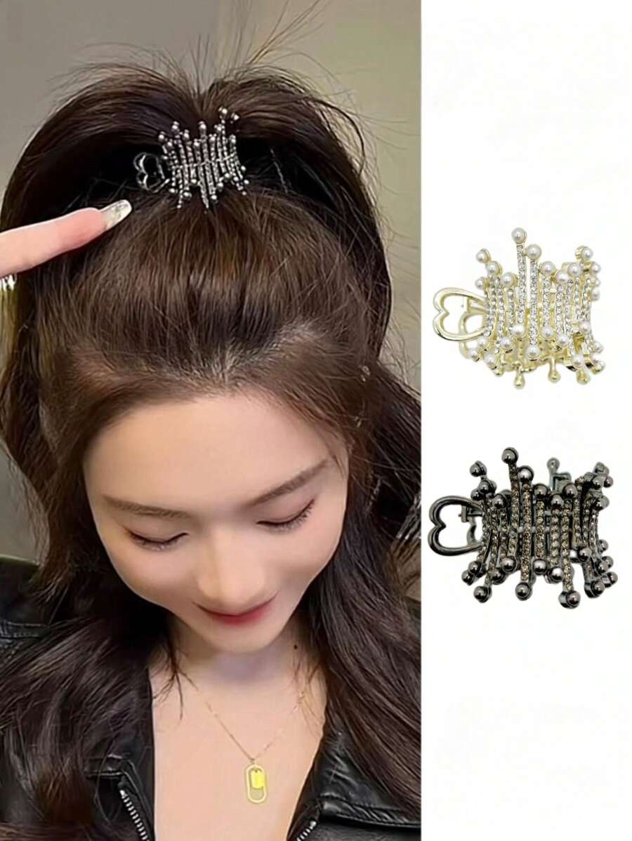1pc Personalized & Fashionable Hair Claw Clip With Metallic Pearl & Rhinestone Decor For High Ponytail Street Tiaras Valentine's Day Valentines Hair Accessories For Women Claw Clips Hair Claws Hair Barrettes