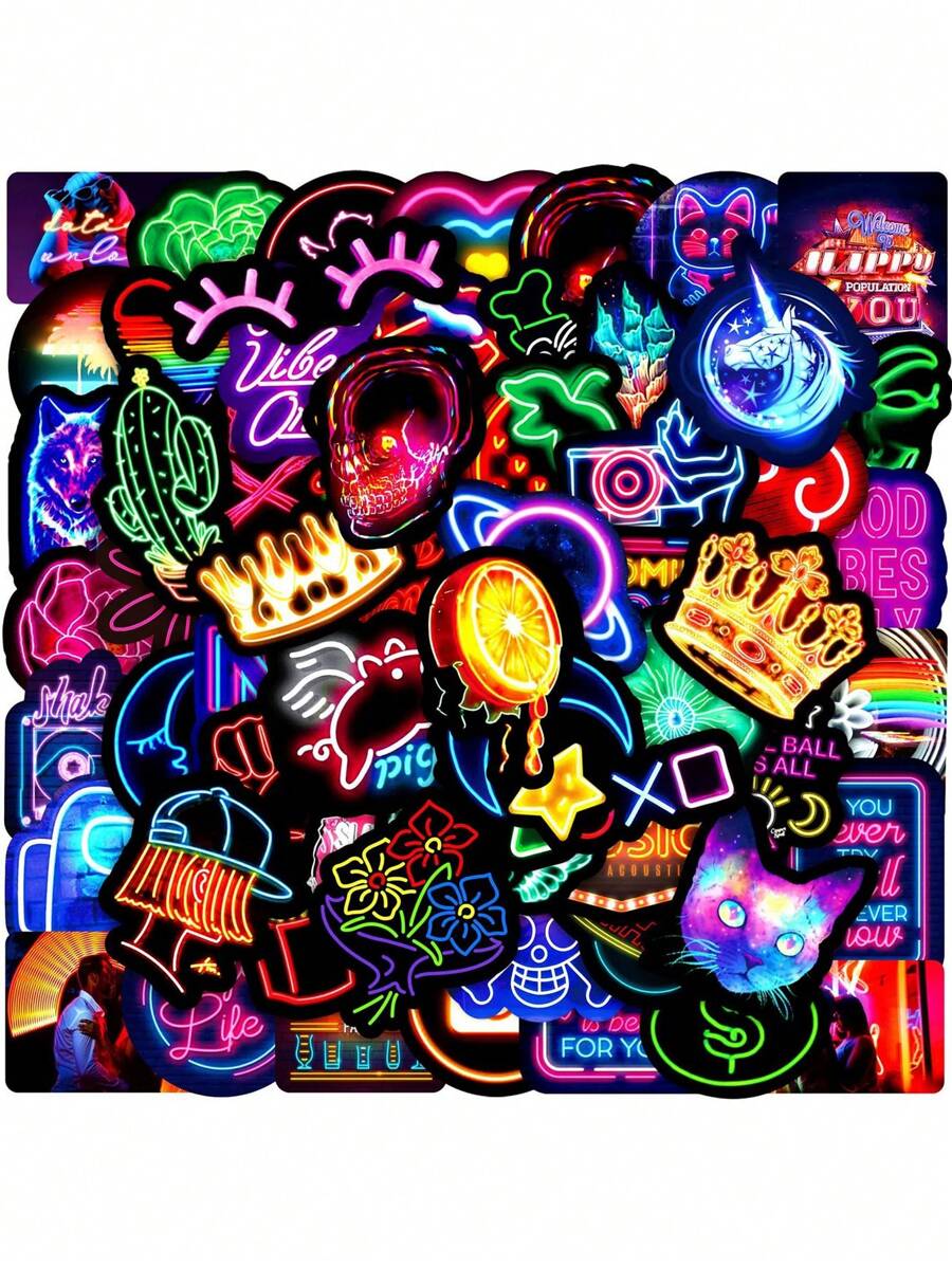 50pcs Set Cute Anime Neon Stickers, Aesthetic DIY Scrapbooking, Stationery, Guitar, Luggage, Decorative Stickers, Fun Doodle Stickers School Supplies,Back To School
