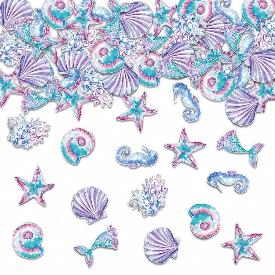100pcs Mermaid Birthday Decorations Confetti, Seabed Theme Birthday Party Table Confetti, Dreamy Blue & Purple Seashells & Coral Design, Ins Style