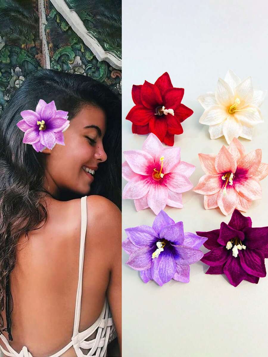 6 Stücke Blumen Haarspangen für Frauen, Hawaii Blumen Haarspangen, Sommer Hibiskus Haarspangen, künstliche Blumen Spangen für Sommerpferdeschwanz Halter, Haargummis, Haaraccessoires, Urlaubsparty-Strandaccessoires