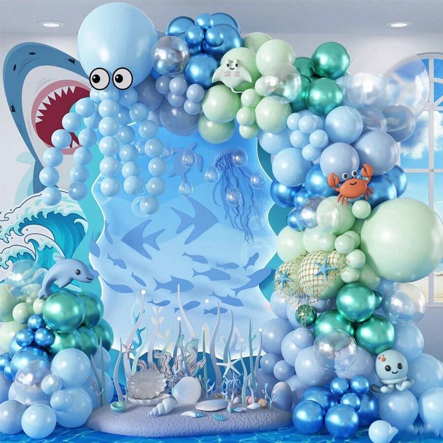 Under The Sea Balloons Garland Arch Kit, 123pcs Dusty Blue Teal Pastel Green Metallic Blue Green Ocean Balloon With Transparent Balloons For Shark BabyShower Sea Animal Birthday Party Decorations