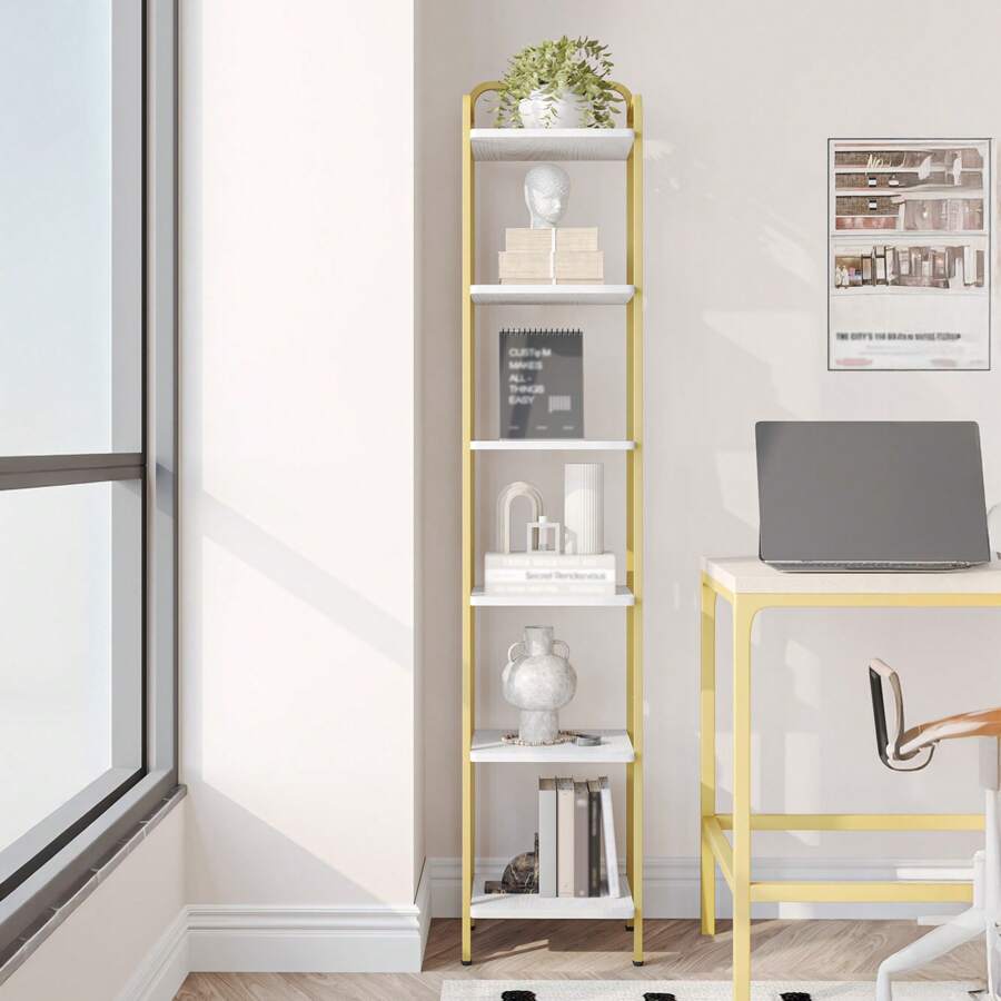 Hzuaneri Scaffale a 6 Ripiani, Libreria, Scaffale Stretto per Libri, Mensola D'angolo Industriale, Mensola Sottile per Ufficio, Soggiorno, Camera da Letto, Cucina