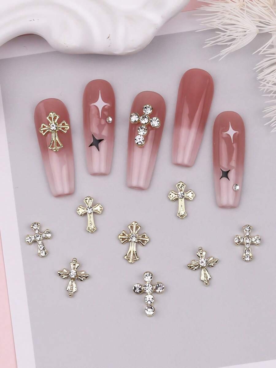 10-Pack Gold Cross Nail Art Decorations Metallic Style DIY Nail Art Glitter Metal Diamonds Fake Nail Art Decoration Accessories For Women And Girls Nail Art Supplies DIY Nail Art Accessories