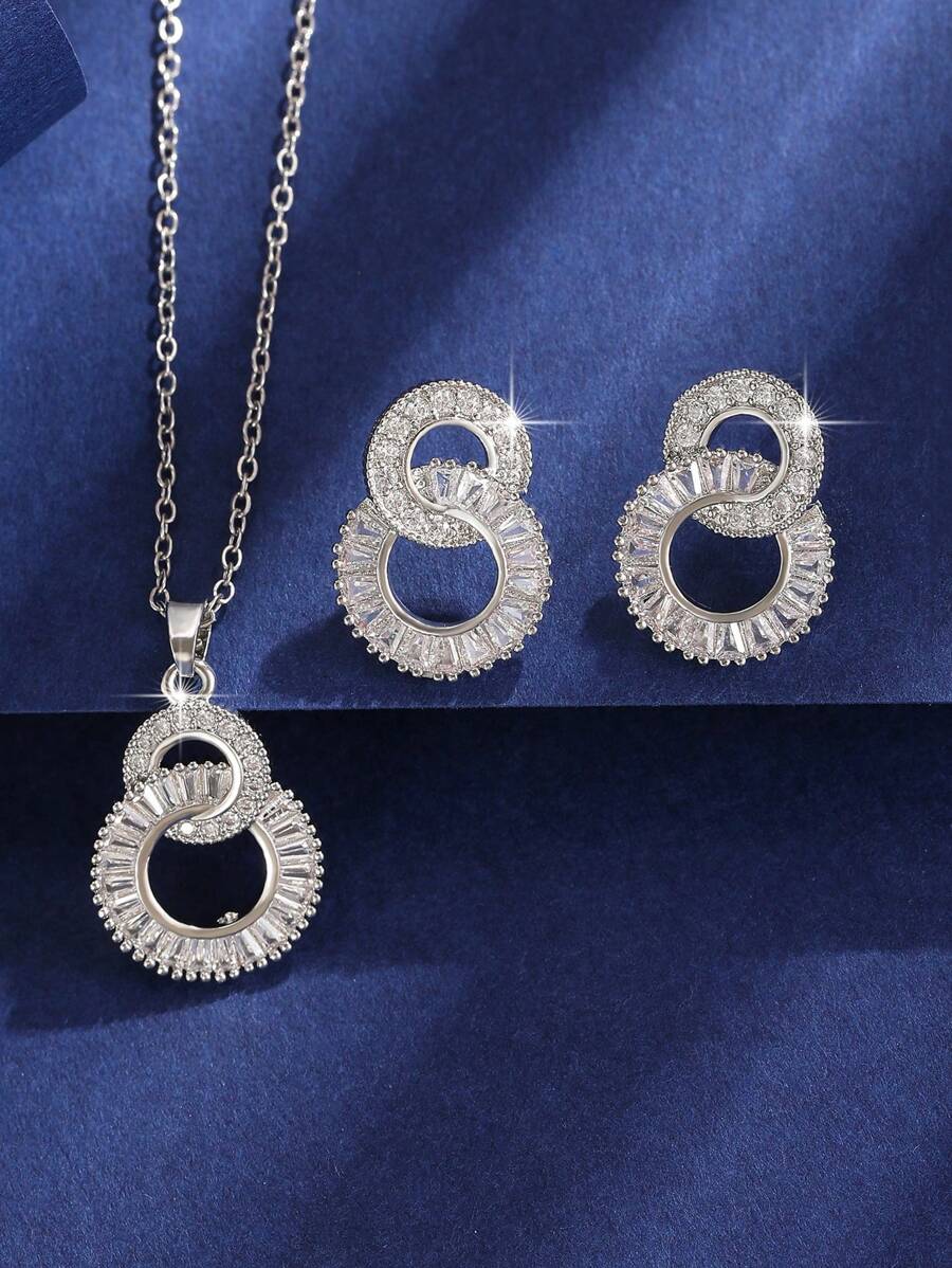 1 Conjunto/3 Peças Elegante Conjunto de Joias Geométricas Brancas Redondas com Pingente de Número Cúbico de Zircônia, Brincos e Colar para Mulheres, Presente de Noivado, Casamento e Festa