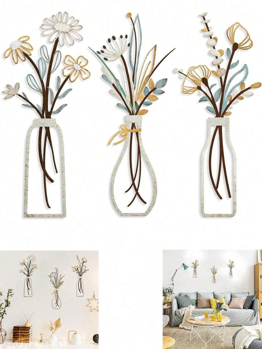 3 Pcs- Wall Sign Decoration,Metal Flowers Wall Arts , Minimalist Iron Flower Vase Wall Art, Metal Wire Decoration, Rustic Farmhouse Decor Beige Minimalist Flower Wall Decors For Living Room Bathroom Bedroom Dining Room-Housewarming Gifts Room Decor Bedroom Decor Home Decor