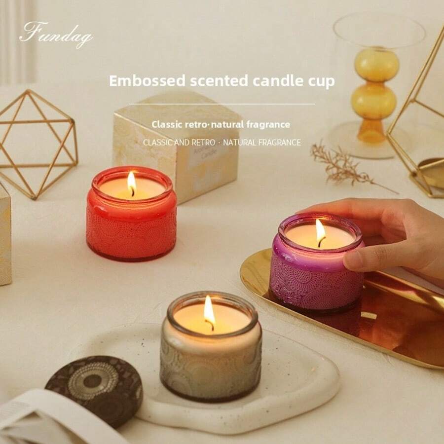 1 Stück 100g/200g Aromatherapie Zuhause geprägte Glas Kerze Feiertag Geschenk rauchfrei Sojawachs duftende Kerze