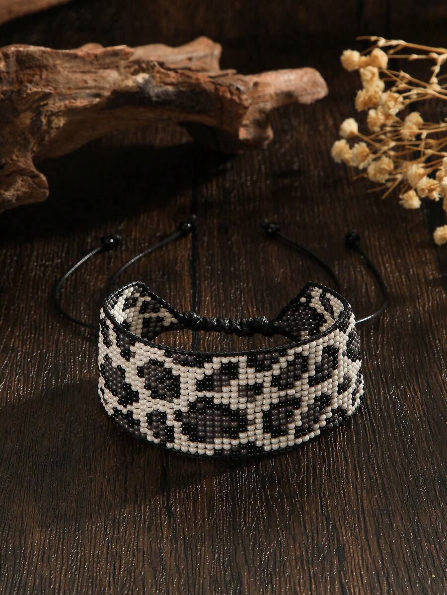 Handmade Beaded Woven Bracelet, Bohemian Style Bracelet, Retro Black White Gray Leopard Weaven Bead Bracelet, Adjustable Length, Fashionable Bracelet For Women, Personalized Bracelet, Suitable For Daily, Vacation, Party, Holiday Gift