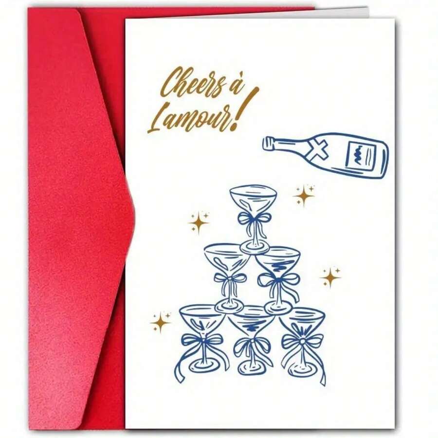 Cartão de casamento com champanhe francês - "Cheers To Love", saudação romântica de celebração com taças de vinho tinto e design de estrelas, perfeito para casamentos, aniversários e ocasiões especiais, papelaria festiva | Tema champanhe | Construção em papel
