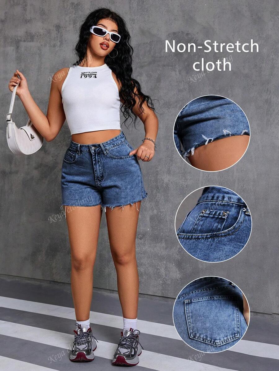 Shorts Denim Desgastado e Lavado, Casual de Verão