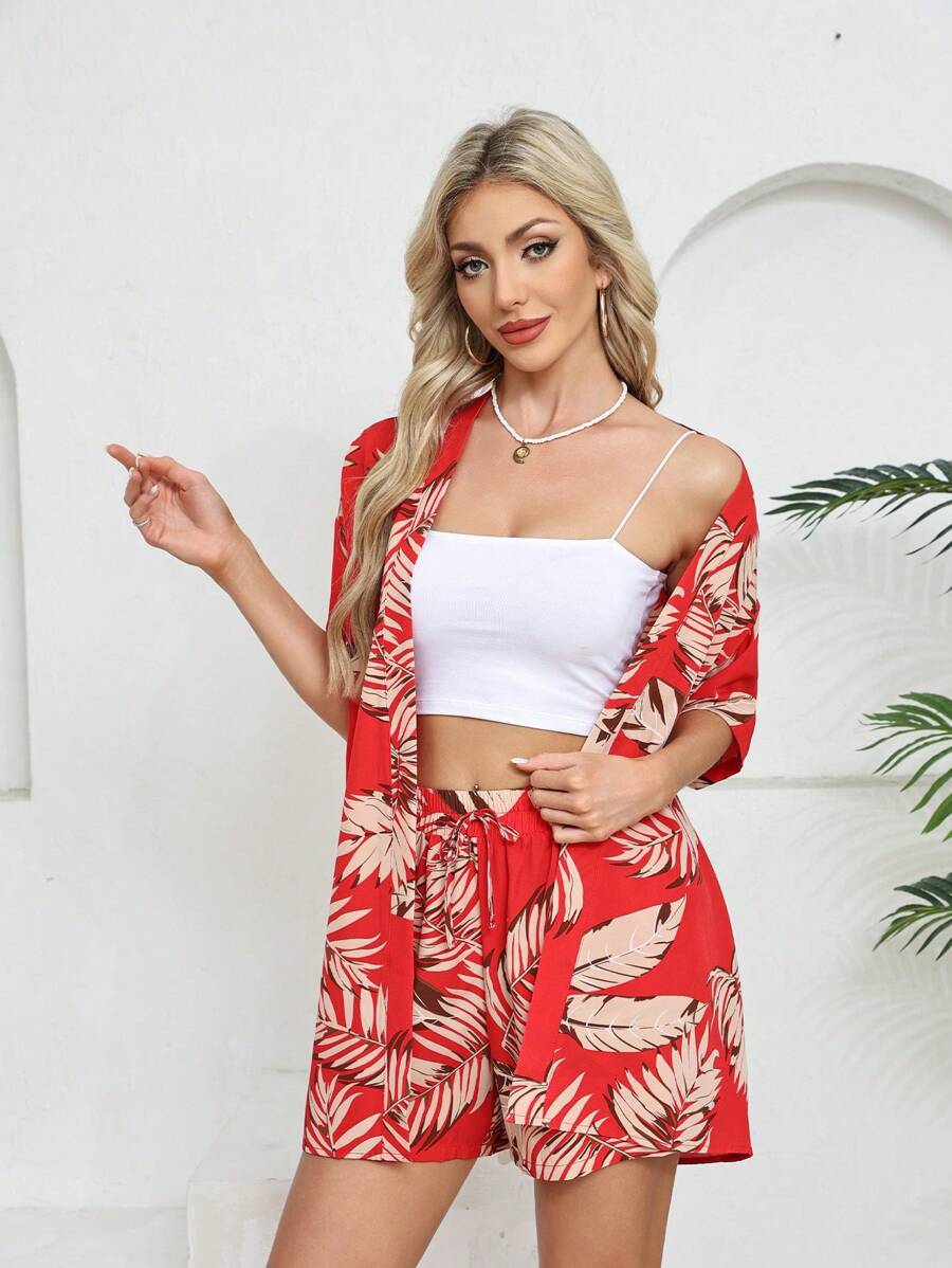 2pcs Women Summer New Casual Printed Vacation Style Cardigan And Shorts Set, Suitable For Home Wear
