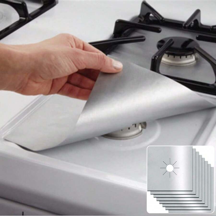 1 stuk kookplaatbranderhoes, 0,2 mm zilver, gasfornuisbrandervoering, antiaanbaklaag, herbruikbaar, keuken, snijdbaar, gemakkelijk schoon te maken, formaat 27,8 x 27,8 cm