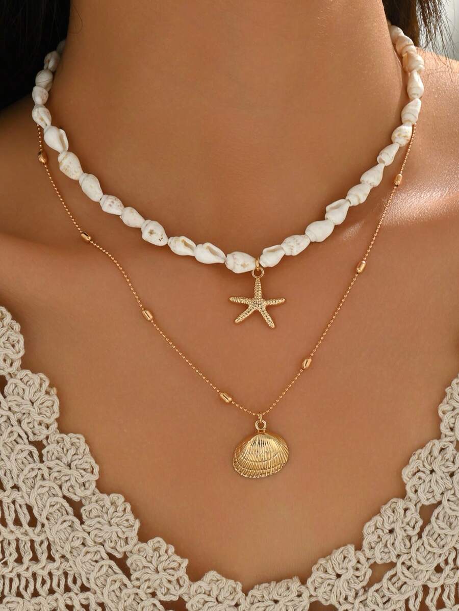2pcs/Set Summer Beach Vacation Style Shell & Starfish Pendant Necklace For Women, Fashionable Metal Handmade Chain Versatile Neck Jewelry Suitable For Daily Wear And Beach Travel. The Natural Shell Shape And Pattern Size Are Random.