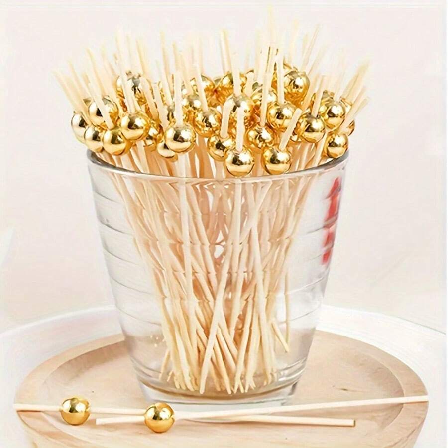 200/100/50/20/10 pezzi Spiedini in bambù dorati con perla, adatti per decorare tavoli, dessert, spiedini di frutta per feste, compleanni, matrimoni, club, frutta, cupcake, hamburger, barbecue, snack, stuzzicadenti in legno per frutta da 4,72 pollici
