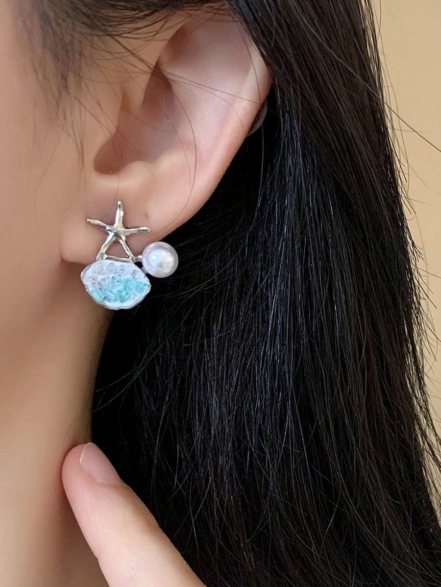 Pendientes con estrella de mar degradada, perlas y gemas, adecuados para uso diario y vacaciones de verano, gran regalo para amigos