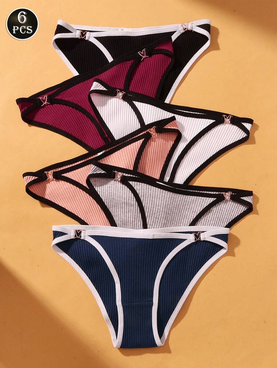 VKME 6 pezzi set di mutande in cotone a vita bassa, biancheria intima con fibbia in metallo, colore unito