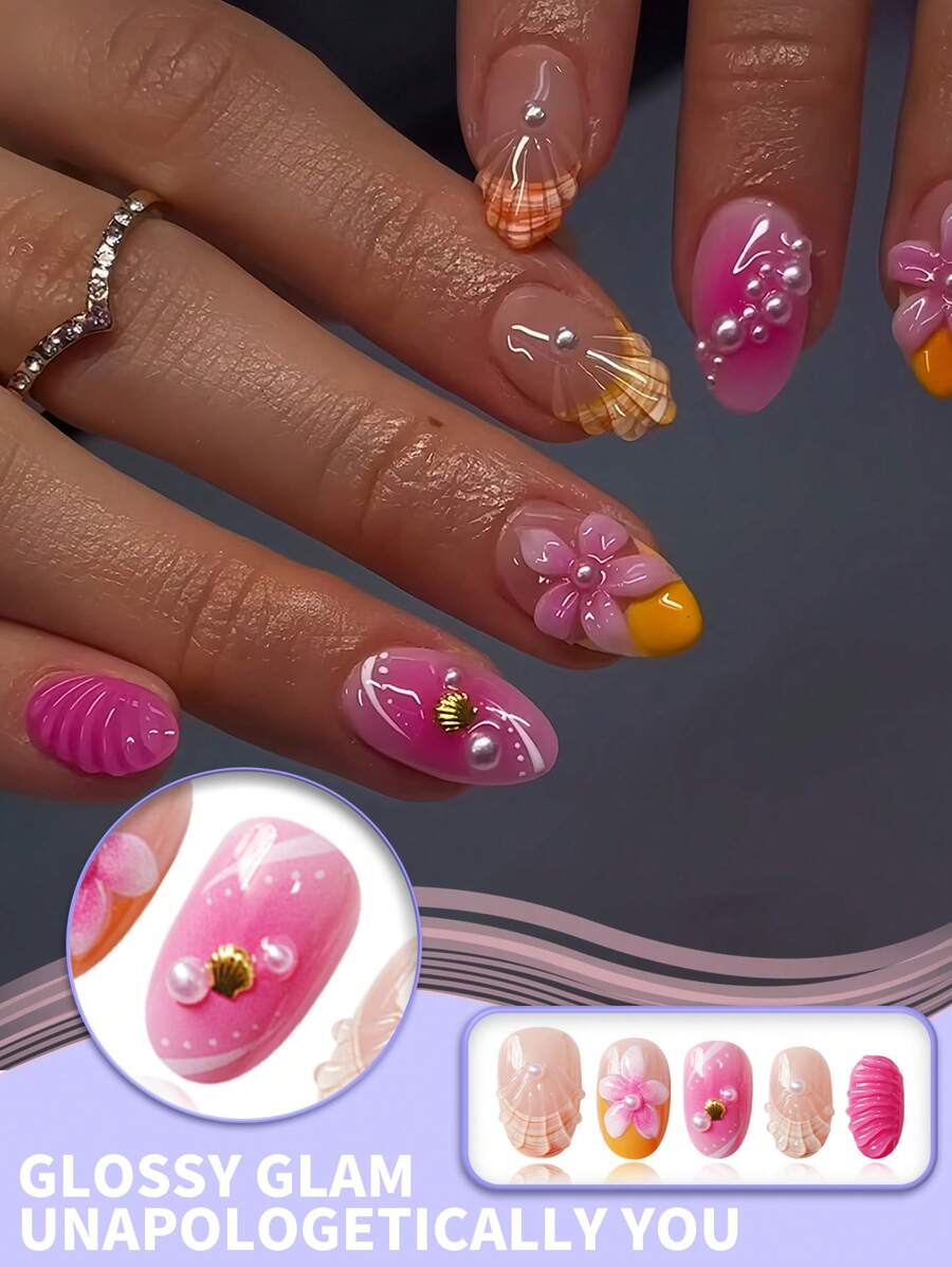 24 PIEZAS Uñas postizas ovaladas cortas en tonos nude rosa y naranja ombré con decoraciones de concha 3D, margarita y perla - Kit de puntas de uñas falsas de calidad de salón reutilizables con pestañas adhesivas y lima mini para uso diario, fiestas de playa y celebraciones de mujeres