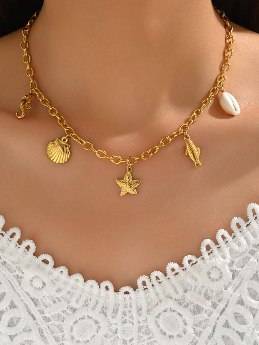 Colar com pingente de elemento oceano de verão, corrente delicada com estrela do mar, concha, pequenos pingentes de peixe, alta qualidade e moderno para uso diário