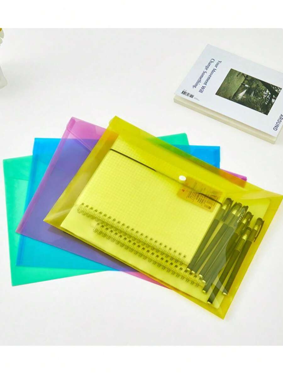 1 pièce/5 pièces Chemise plastique transparente A4, Pochette de document à fermeture bouton étanche, Sac de tri et de rangement coloré, Chemise de devoirs pour élève, Fournitures de rangement pour bureau/école