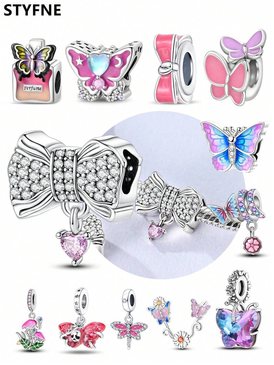 STYFNE 1pc Shiny Bow Beaded Decoration, Butterfly Flying Beads Bow Clasp Dragonfly Pendant Beads For DIY Bracelet, Women Jewelry, Handmade Daily Small Gift