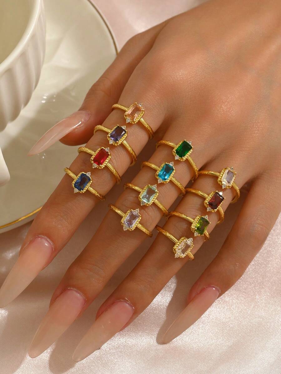 1 pieza Anillo de joyería de estilo vintage, de corte brillante de zirconia cúbica rectangluar de alta calidad y de lujo, con diseño único y minimalista, accesorio de regalo, piedra de nacimiento de diciembre