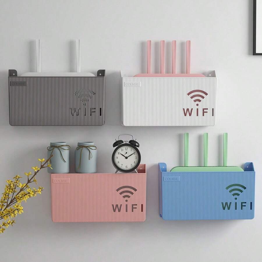 1pc Router Storage Box With 2pcs Adhesive Strips, Multi-Colors Available, High Quality Material, Modern Minimalist Design Won't Block Signal, Colorful Wavy Pattern, Rectangular With Hollow WIFI Logo Detail, For Storing Router, Suitable For Home